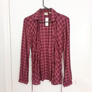 NWT Vintage DCC dusty rose burgundy plaid v-neck button down shirt size S